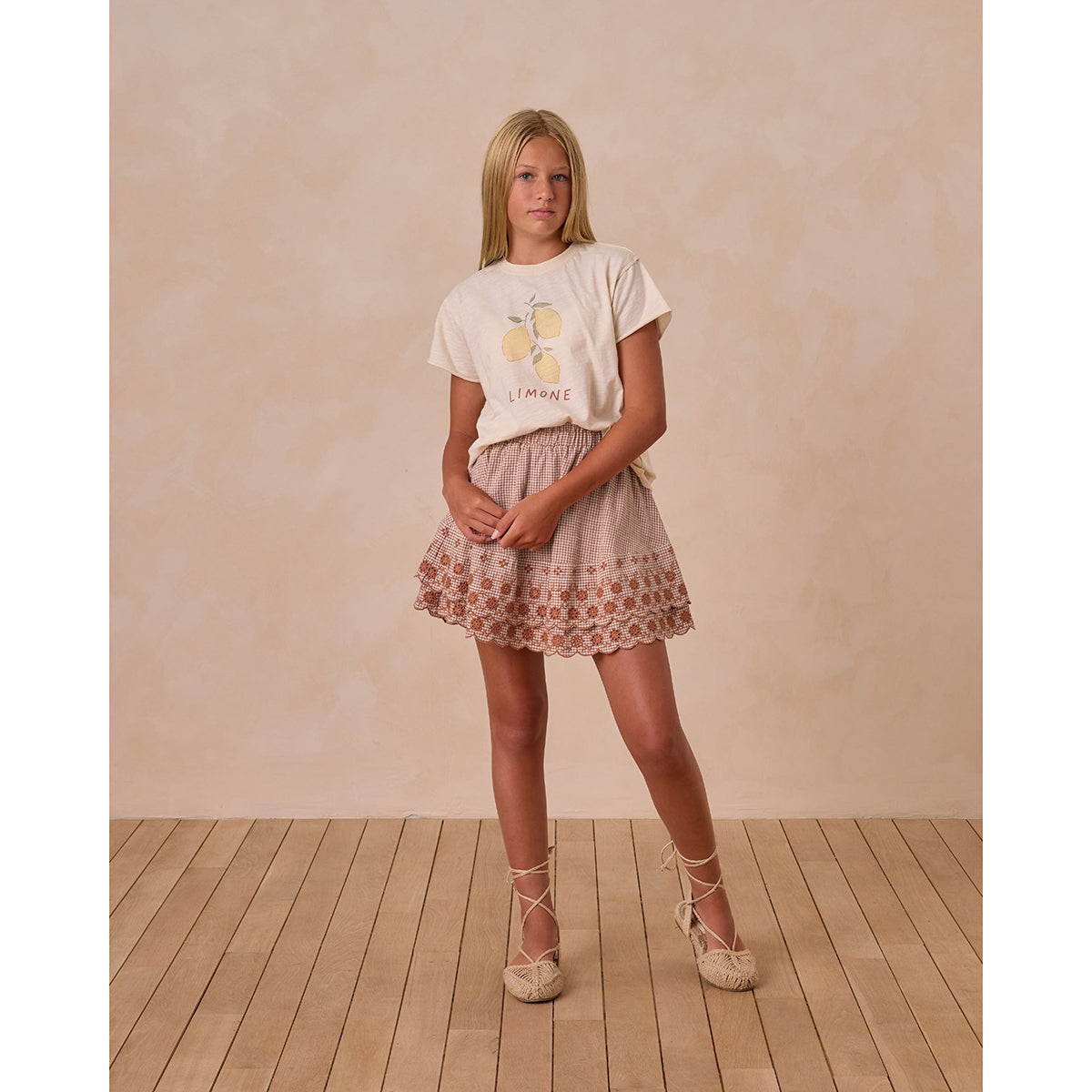 Gingham mini skirt with floral embroidery at the hems from Rylee + Cru for tweens and teens/teenagers