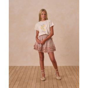 Gingham mini skirt with floral embroidery at the hems from Rylee + Cru for tweens and teens/teenagers