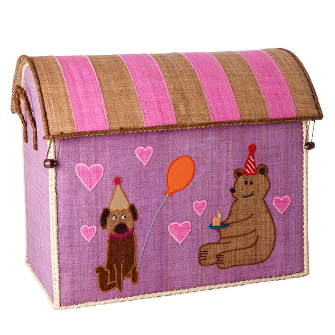 Rice Raffia Toy Storage Basket: Pink Party Animal Theme - Large