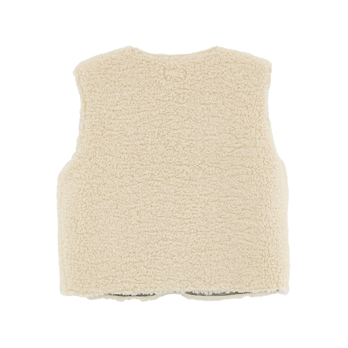 Product picture of Jams Bodywarmer back side from Bellerose. Bodywarmer is sleeveless, made from off-white teddy fabric in polyester.