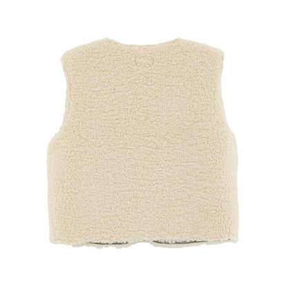 Product picture of Jams Bodywarmer back side from Bellerose. Bodywarmer is sleeveless, made from off-white teddy fabric in polyester.
