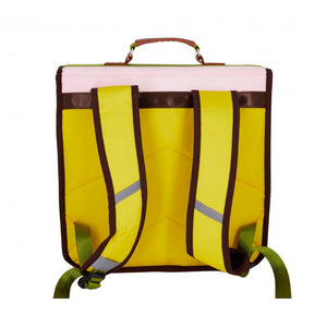 cartable petit (small school bag / satchel) in yellow and pink with clasps, pockets, adjustable straps and top grab handle for children, kids from Leçons de Choses