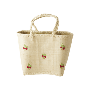 RICE Raffia Bag in Natural with Red Flowers - medium