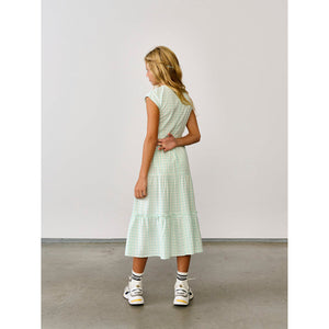 mint gingham long dress with a  ruffled trim from bellerose for teens