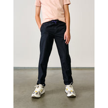 Load image into Gallery viewer, america dark blue pharel trousers with tapered legs and elasticated waist and drawstring from bellerose for kids