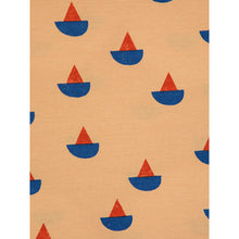 Load image into Gallery viewer, all over sail boat print in red and blue on a light brown t-shirt from bobo choses for babies and toddlers