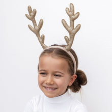 Load image into Gallery viewer, alice band with Antlers crafted from fine shimmering gold glitter fabric for kids/children from mimi &amp; lula