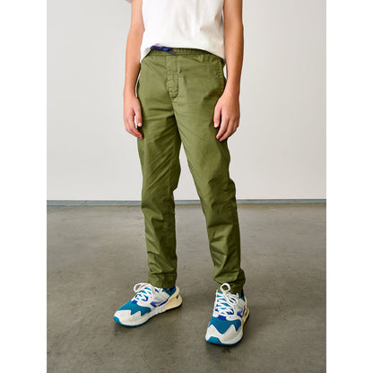 army green pharel trousers with tapered legs and elasticated waist and drawstring from bellerose for kids