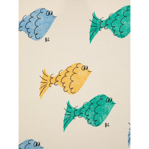 all over fish print in green blue and yellow on a sleeveless body from bobo choses for newborns and babies