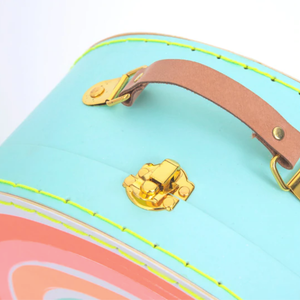 2 rainbow suitcases with leather handle and metal clasp from meri meri