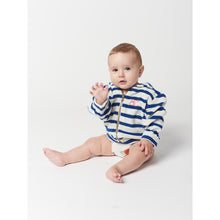 Load image into Gallery viewer, Bobo Choses Blue Stripes Terry Zipped Sweatshirt designed in a loose fit with hooded, long sleeves, dropped shoulder, front zip fastening, ribbed cuffs, embroidery and ribbed bottom for babies and toddlers