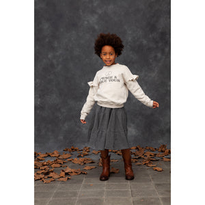 peace & love tour front print on off white coloured sweatshirt with ruffles on the sleeves from tocoto vintage for toddlers, kids/children and teens/teenagers