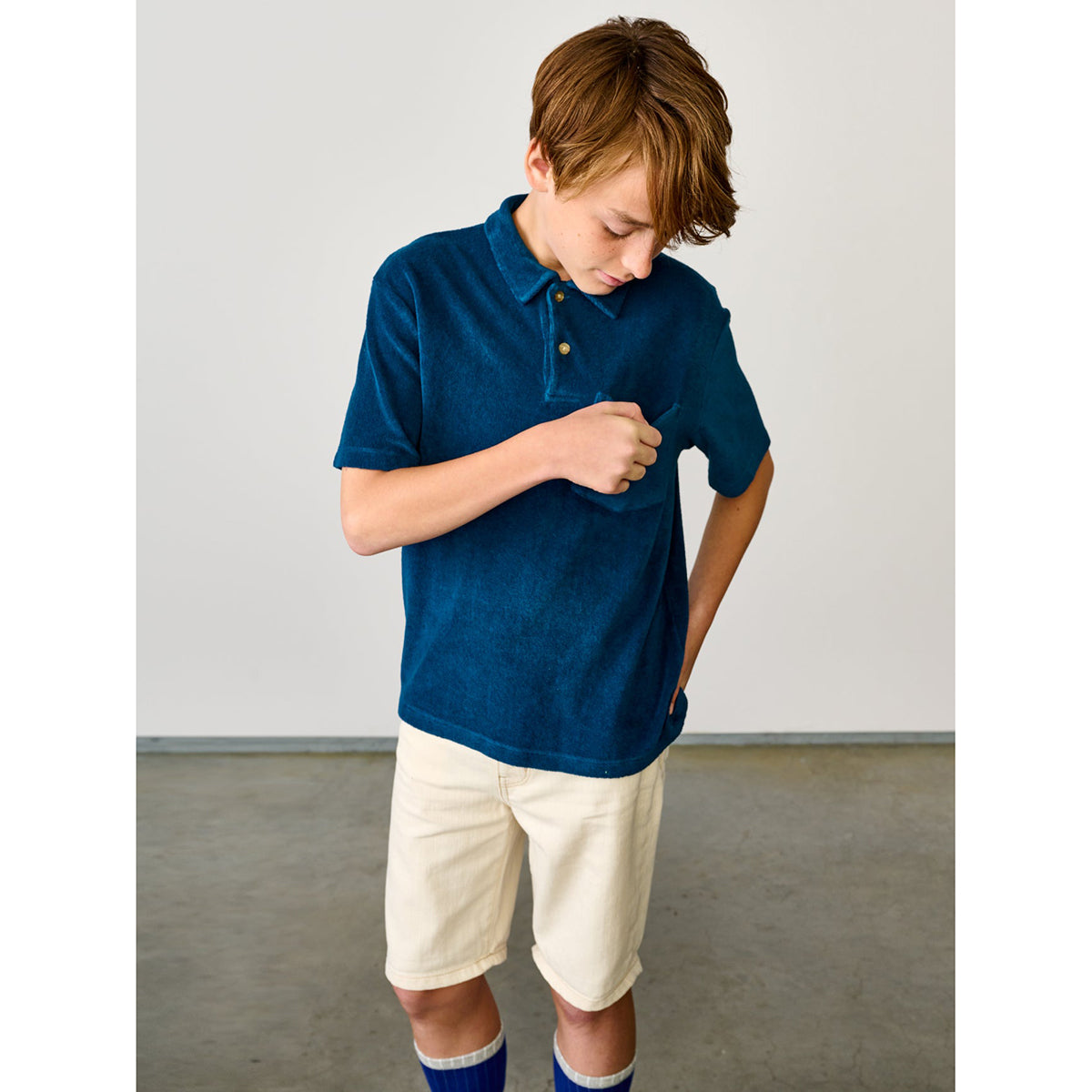 teal / blue clim polo in cotton & modal blend from bellerose for teens
