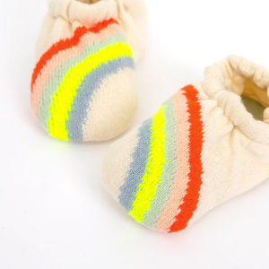 rainbow baby booties / starter shoes in rainbow stripes for newborns and babies from meri meri
