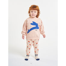 Load image into Gallery viewer, blue jumping hare front print on peach sweatshirt with shoulder snap fastening, ribbed cuffs, ribbed bottom and a inner brush fleece from bobo choses for babies and toddlers