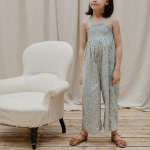 Shirred bodice jumping jack jumpsuit with wide legs in floral pattern from nellie quats for toddlers, kids/children