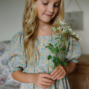 floral marbles dress with a square elasticated neckline for toddlers, kids/children from nellie quats