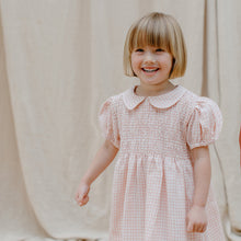 Load image into Gallery viewer, draughts dress with a Peter Pan collar and Full elasticated puffed sleeves for kids/children from nellie quats