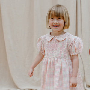 draughts dress with a Peter Pan collar and Full elasticated puffed sleeves for kids/children from nellie quats