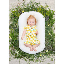 Load image into Gallery viewer, organic cotton baby shorty playsuit with a lemon pritn from the bonnie mob