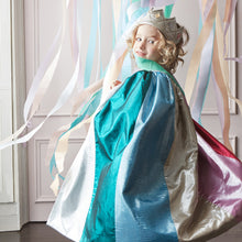 Load image into Gallery viewer, Metallic rainbow cape &amp; wand crafted from metallic lamé, in bands of red, pink, dark blue, light blue, green, gold and silver, with a polycotton lining from Meri Meri for kids/children