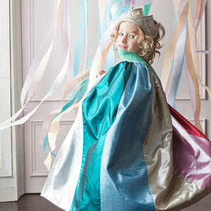 Metallic rainbow cape & wand crafted from metallic lamé, in bands of red, pink, dark blue, light blue, green, gold and silver, with a polycotton lining from Meri Meri for kids/children