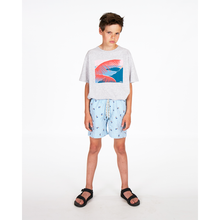 Load image into Gallery viewer, toucan swim shorts with blue and white stripes with a relaxed fit in polyester with a mesh-lined inner for kids and teens from ao76