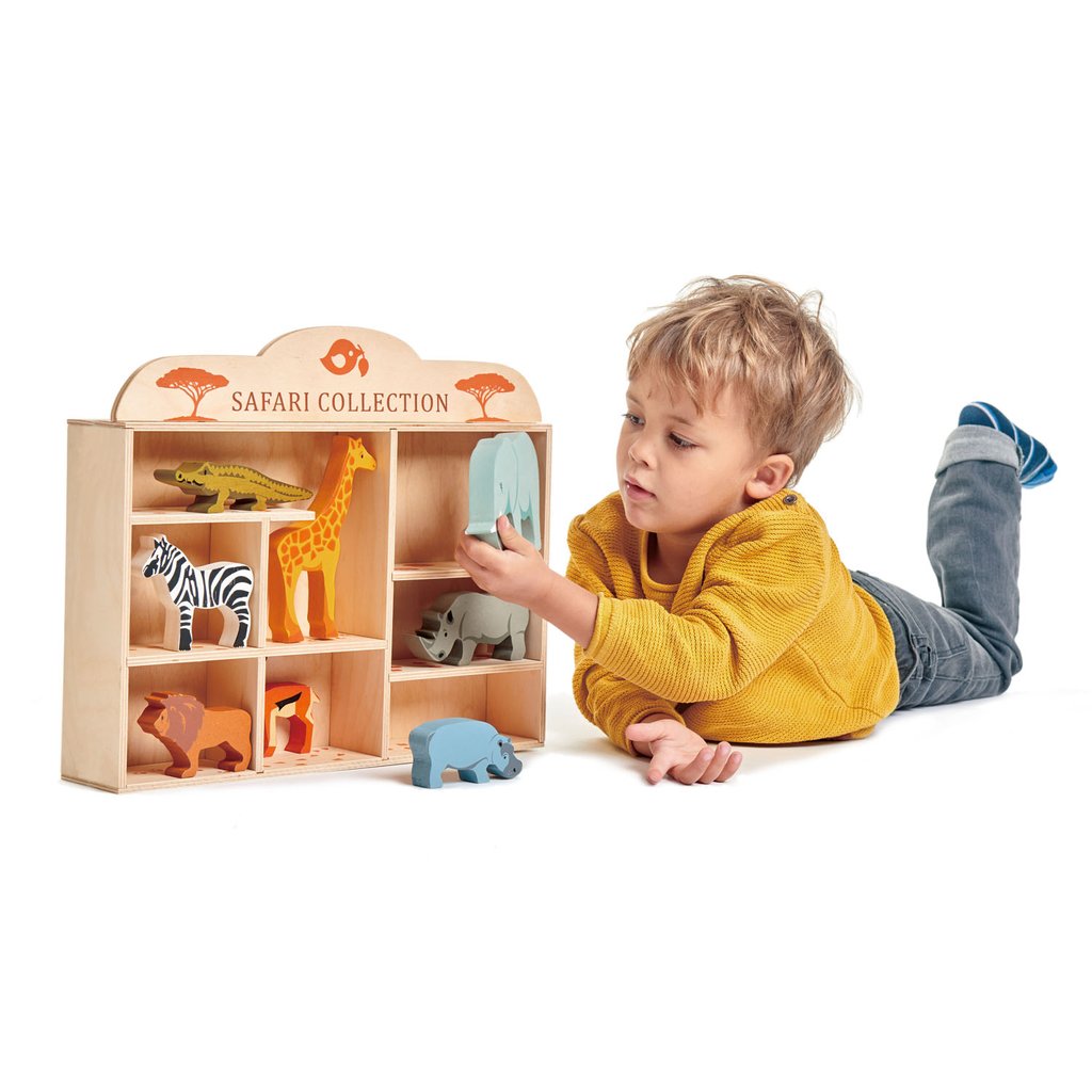 wooden safari animals with a storage shelf from tender leaf toys