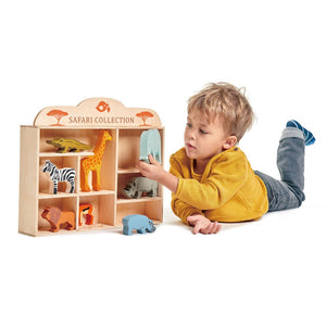 wooden safari animals with a storage shelf from tender leaf toys