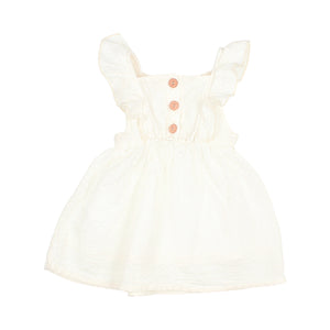 Jacquard Dress in ecru/white with ruffle shoulder straps, Ruched and flared waistline, Back of waistline is cinched with elastic, Buttons in the back, Lined bottom from Búho for babies and toddlers