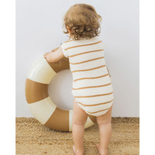 Load image into Gallery viewer, terry cloth romper in the colour stripes/ecru with a chest pocket and snap buttons at the crotch for babies from búho