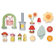Load image into Gallery viewer, doll house accessories including A wood burning stove, flower table, two button stools, a toadstool lamp, a side table, a swing, some garden flowers and a family of four by ThreadBear Design