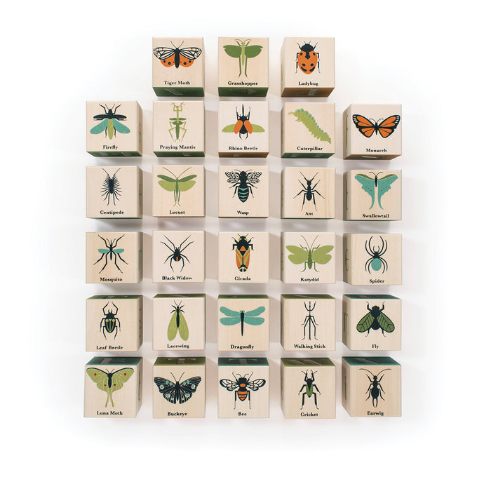 If you think bugs are ugly, take a closer look at these blocks from Uncle Goose. One side of each block reveals a detailed close up of the insect featured on its opposite side. Colourful Art Nouveau upper and lowercase letters grace the remaining four sides. Explore patterns + etymology in a block set where nature meets design.
