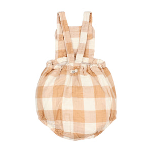 cotton romper in a caramel coloured gingham pattern with crotch snap fastening and elasticated leg holes from búho for babies and toddlers
