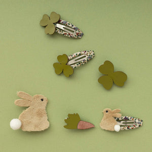 cute easter hair clips with bunny, carrot, clover from mimi & lula
