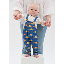Load image into Gallery viewer, organic cotton dungaree for babies in blue with rainbow sunset print from the bonnie mob