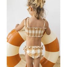 Load image into Gallery viewer, gingham bikini with tie shoulder straps and an elasticated waistline on the bottom with tie straps from búho for toddlers and kids/children