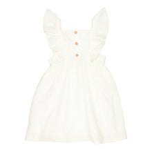 Load image into Gallery viewer, Jacquard Dress in ecru/white with ruffle shoulder straps, Ruched and flared waistline, Back of waistline is cinched with elastic, Buttons in the back, Lined bottom from Búho for toddlers and kids/children