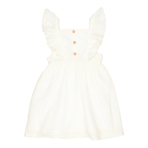 Jacquard Dress in ecru/white with ruffle shoulder straps, Ruched and flared waistline, Back of waistline is cinched with elastic, Buttons in the back, Lined bottom from Búho for toddlers and kids/children