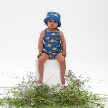 Load image into Gallery viewer, blue organic cotton baby bubble summer romper with a rainbow sunset print