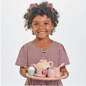 eco-friendly wooden tea set in pink for kids from tender leaf toys
