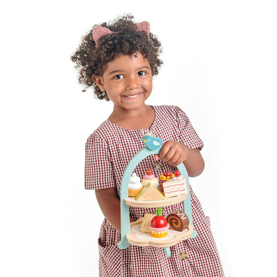 Wooden afternoon tea set with cupcakes, biscuits and sandwiches for kids from tender leaf toys
