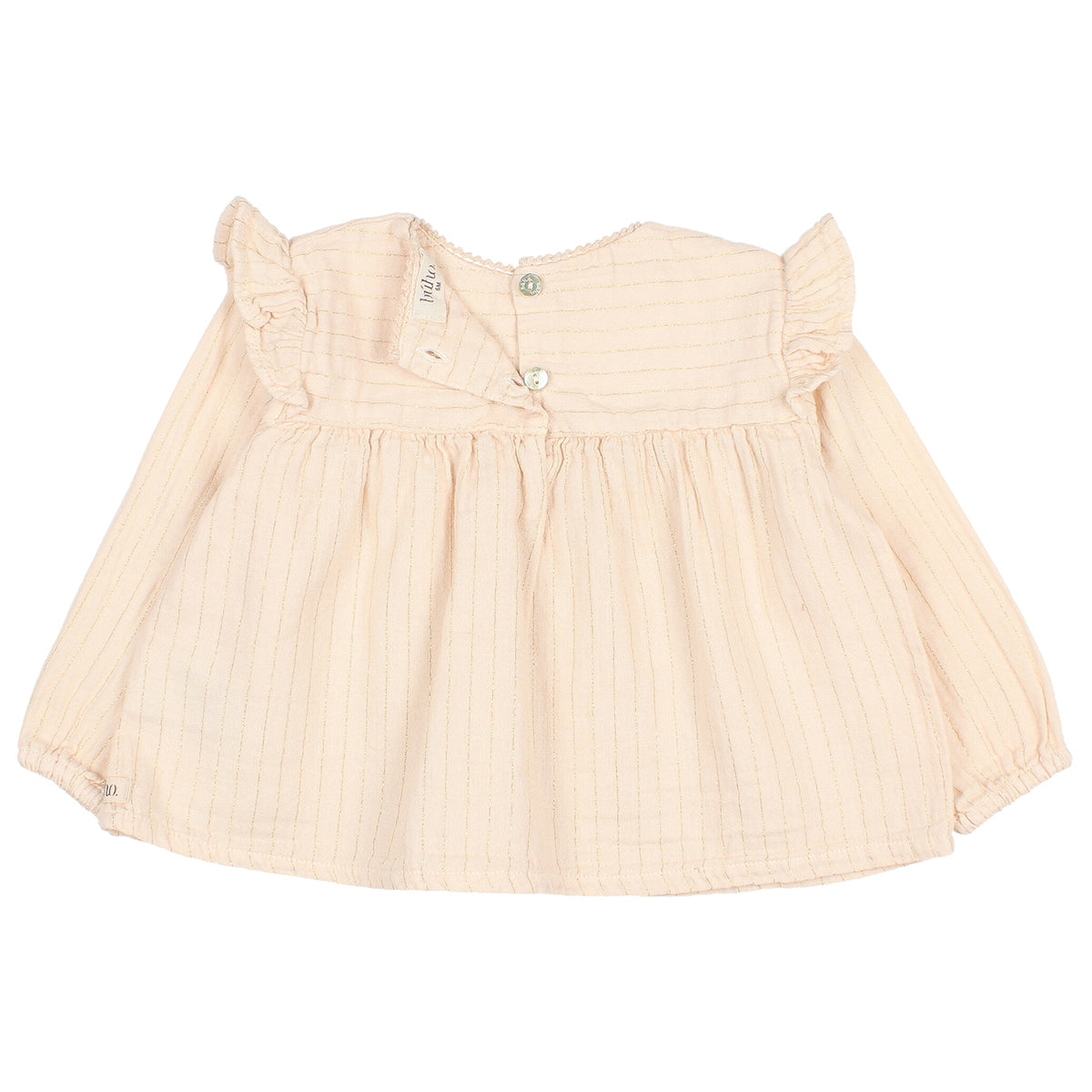 baby lurex blouse with golden fine lines, Ruffled sleeves, Elastic wrists and Small shell buttons at the back from búho for babies and toddlers