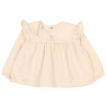 Load image into Gallery viewer, baby lurex blouse with golden fine lines, Ruffled sleeves, Elastic wrists and Small shell buttons at the back from búho for babies and toddlers