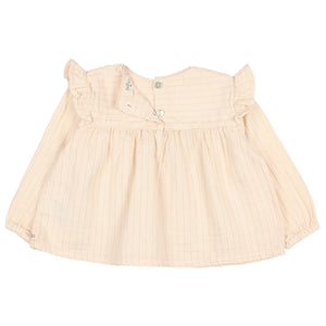 baby lurex blouse with golden fine lines, Ruffled sleeves, Elastic wrists and Small shell buttons at the back from búho for babies and toddlers