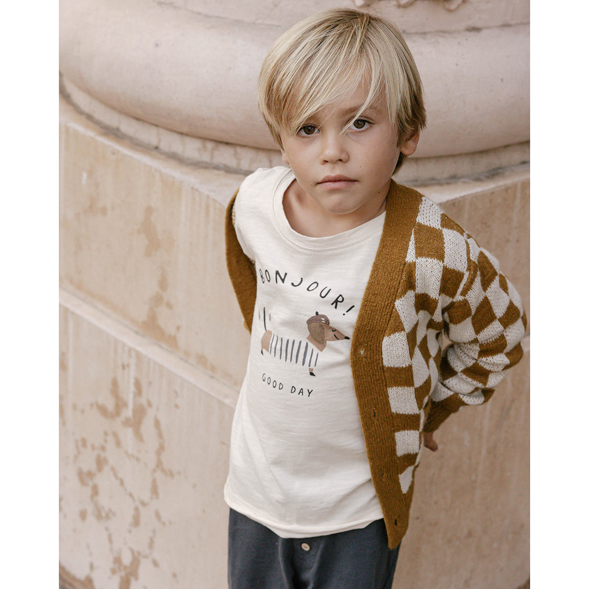 bonjour graphic raw edge long sleeve t-shirt from rylee + cru in the colour natural with a dog front print for babies, toddlers and kids