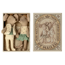 Load image into Gallery viewer, royal twin mice with clothing and crowns in a matchbox with bed linen from maileg for kids/children