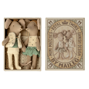 royal twin mice with clothing and crowns in a matchbox with bed linen from maileg for kids/children