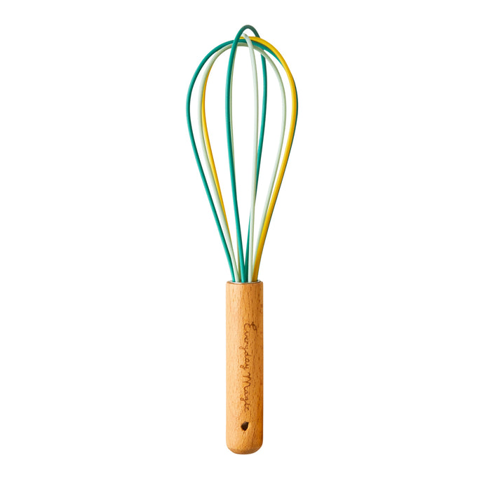 Rice Silicone Whisk in green and yellow silicone and wooden handle