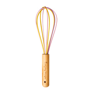 Rice Silicone Whisk in pink and yellow silicone and wooden handle